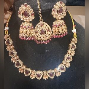 Pakistani Indian Desi Gold-Tone Necklace Set with Deep Maroon Stones